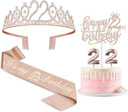 Miniatura 48 de Decoraciones de cumpleaños de 24 años para mujeres, incluyendo banda de cumpleaños, tiara/corona, velas numéricas y decoración de pastel, regalos
