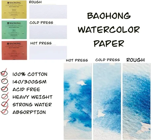 Miniatura 4 de BAOHONG Bloque de papel de acuarela para artistas (20 hojas, pegadas en cuatro bordes), 100% algodón, sin ácidos, 140 libras/300 GSM, suministros
