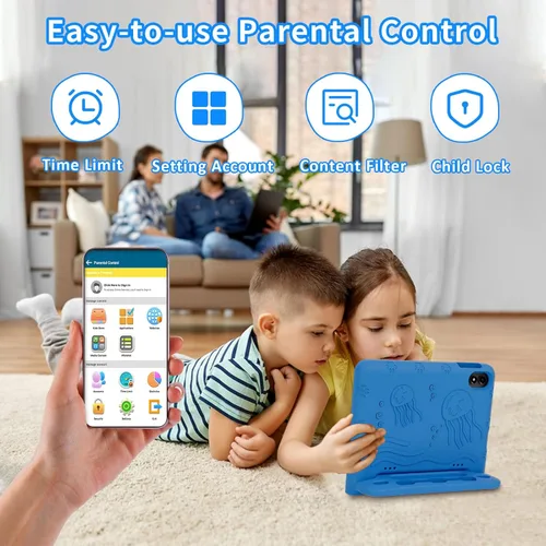 Miniatura 6 de WXUNJA Tablet Android 15 Kids 2025, tabletas actualizadas de 10.1 pulgadas con procesador Octa-Core, batería de 6000 mAh, espacio para niños, Azul