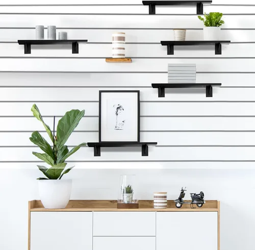 Miniatura 5 de Paquete de 3 estantes de madera con listones de pared de 15.7 x 6 pulgadas, estantes de pared con soportes de metal, accesorios organizadores