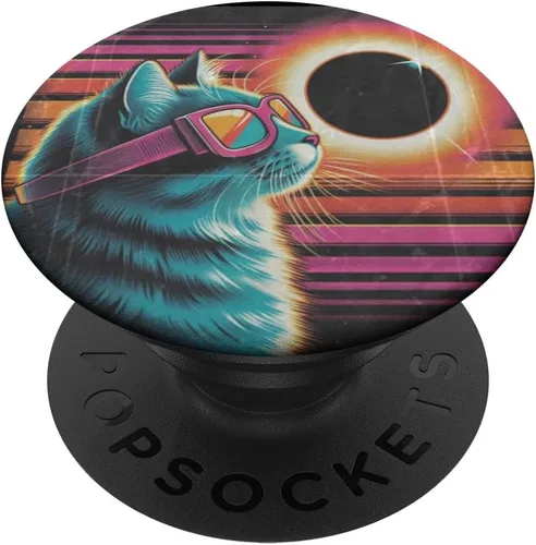 Miniatura 6 de Cat Solar Eclipse - Synthwave Retro Poster Style PopSockets MagSafe PopGrip for iPhone