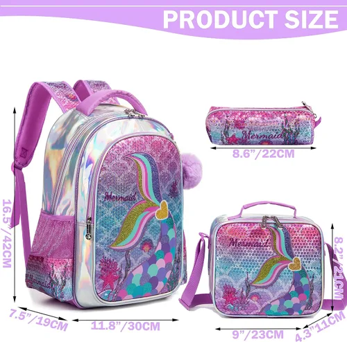 Miniatura 13 de Mochila para niñas de 16 pulgadas, mochilas para niñas para la escuela, mochila de lentejuelas con lonchera para estudiantes de primaria