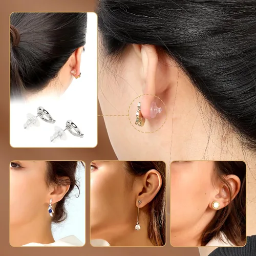 Miniatura 5 de Parte trasera de arete de oro de 18K con silicona para tachuelas/orejas caídas, parte trasera de arete de goma con bloqueo seguro para aretes