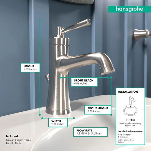 Miniatura 4 de hansgrohe Joleena 04771820 - Grifo de fregadero de baño de transición de 1 manija de 1 8 pulgadas de alto en níquel cepillado, 04771820, 1.2 GPM