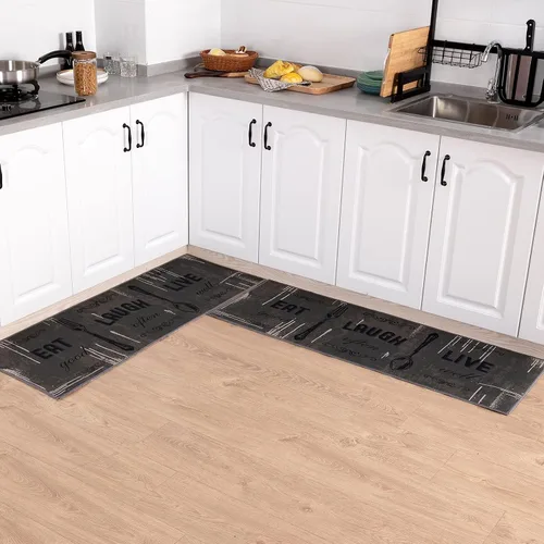 Miniatura 11 de Carvapet Juego de 2 alfombras de cocina con respaldo antideslizante, tapete para cocina, corredor de entrada, diseño de lema, negruzco/gris oscuro