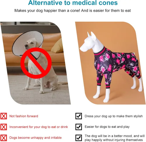 Miniatura 6 de LovinPet Pijamas 3XL para Perros - Camiseta Interior para Sudaderas de Perro, Camisa de Recuperación Quirúrgica para Perros, Estampado Floral Negro