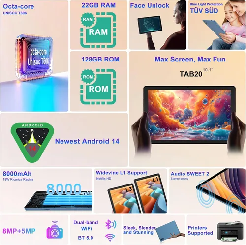 Miniatura 2 de 2025 Tablet Android 14 de 10 pulgadas, 22 GB RAM + 128 GB ROM/1 TB de expansión, batería de 8000 mAh, Octa-Core, pantalla IPS HD de 1280 * 800