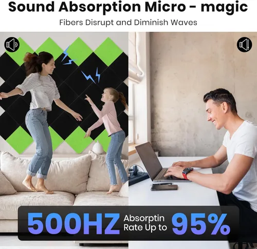 Miniatura 4 de Focusound Paquete de 18 paneles a prueba de sonido para paredes, paneles acústicos autoadhesivos absorbentes de sonido, 12 x 12 x 0.4 pulgadas, Negro