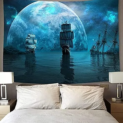 Tapiz de pared para decoración de navegación de barco pirata, dos veleros y un enorme planeta azul en la noche de la galaxia mística, manta