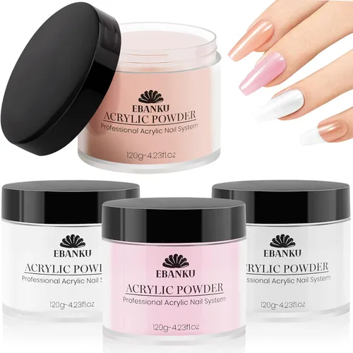 EBANKU Juego de polvo acrílico de 4 colores, polvo acrílico para uñas rosa nude blanco transparente para extensión de uñas acrílicas, tallado de