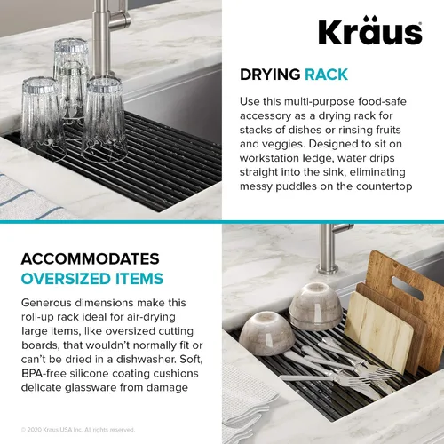 Miniatura 6 de Kraus Multiusos Escurreplatos Enrollable para Fregadero con Colador y Esterilla en Aqua, KRM-11AQ