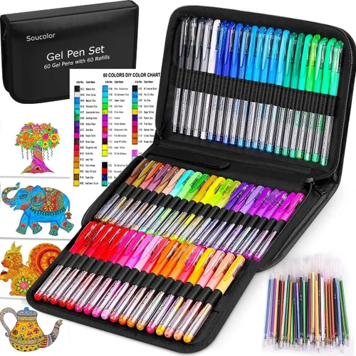 Soucolor Bolígrafos de gel para libros de colorear para adultos, paquete de 120 unidades, 60 bolígrafos de gel de colores, 60 recambios y estuche de