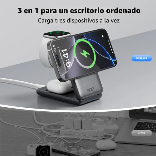 Miniatura 2 de Estación de carga 3 en 1 de Acer para iPhone, soporte de cargador inalámbrico, cargador MagSafe rápido de 15W para iPhone 17 16 15 14 13 12 Series