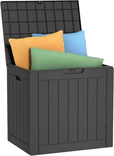 Miniatura 31 de Caja de cubierta para exteriores de 120 galones, cajas de almacenamiento impermeables con cerradura para herramientas de jardín, cojines de Gris