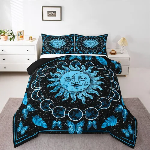 Miniatura 18 de Erosebridal Edredón de árbol de la vida, ropa de cama bohemia con diseño de mariposa y mariposa, edredón de fase lunar hippie, edredón acolchado