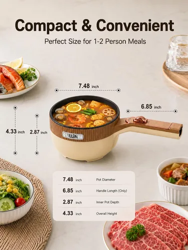 Miniatura 3 de Olla eléctrica, olla eléctrica portátil de 1.5 L, sartén multifuncional para sopa de filete de ramen con potencia ajustable para dormitorio, hogar
