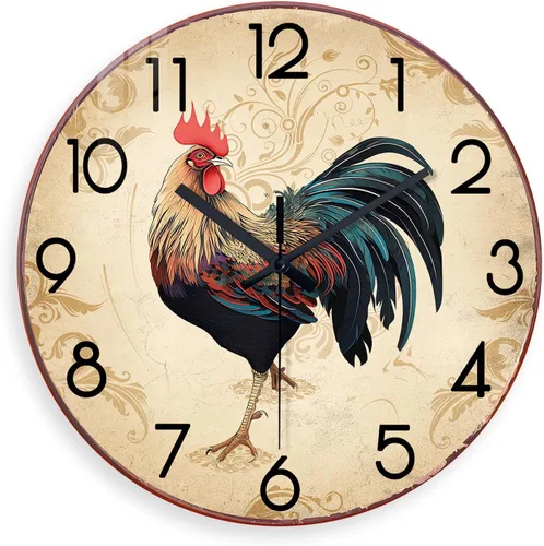XNM - Relojes de pared redondos rústicos para decoración de cocina y sala de 12 pulgadas, reloj de gallo de vidrio, funciona con pilas, marrón,