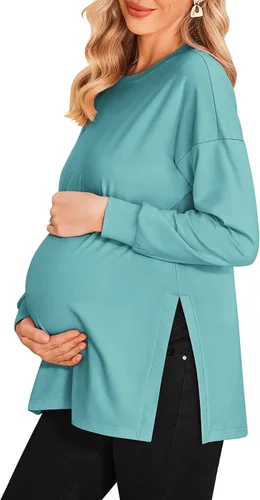 Ekouaer Camisas de maternidad para mujer, manga larga, con abertura lateral, camiseta de embarazo, blusa tipo túnica, ropa casual para mamá