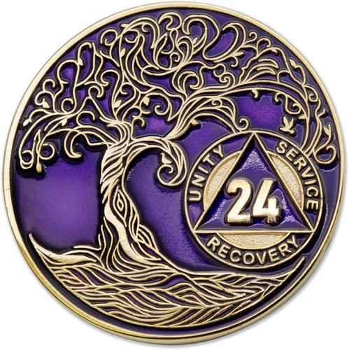 Miniatura 88 de 20 Year Sobriety Mint Twisted Tree of Life - Medallón de recuperación AA chapado en oro, fichas y fichas, color negro