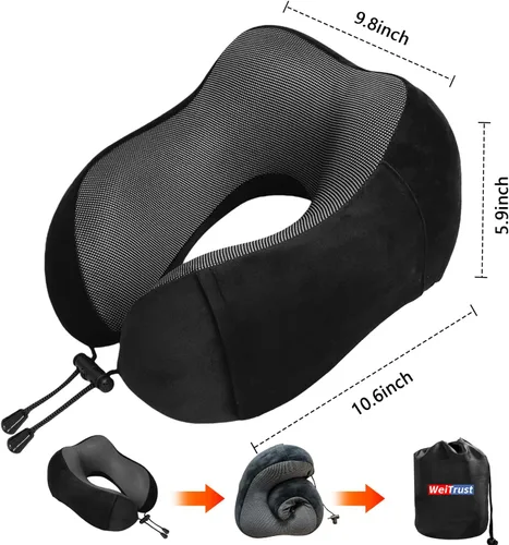 Miniatura 7 de Almohada de avión, almohada de cuello de viaje con espuma viscoelástica, hebilla ajustable y funda lavable a máquina para soporte de cuello en Negro
