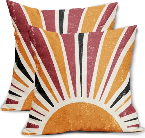 Miniatura 8 de Juego de 2 fundas de almohada verdes bohemias de 16 x 16 pulgadas, diseño bohemio, amanecer, puesta de sol, estampado abstracto de sol, fundas