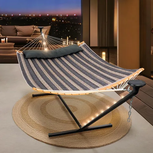 Miniatura 11 de SUNCREAT Hamaca doble para exteriores con soporte de 12 pies, hamacas autoportantes con soporte, beige