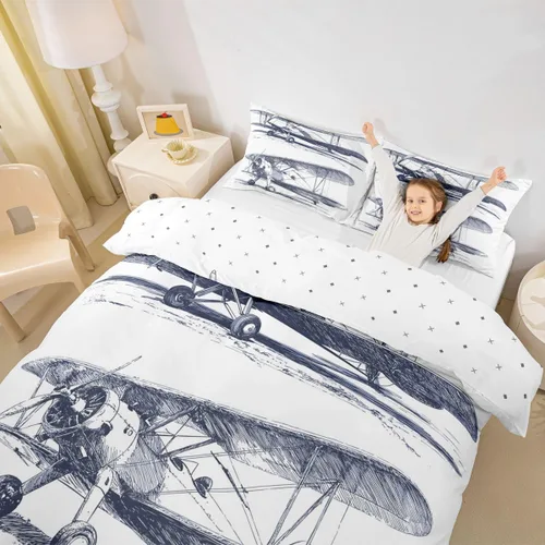 Miniatura 5 de Feelyou Juego de ropa de cama de avión, tamaño individual, para niños, adolescentes, funda de edredón para vuelo, helicóptero, avión volador, azul
