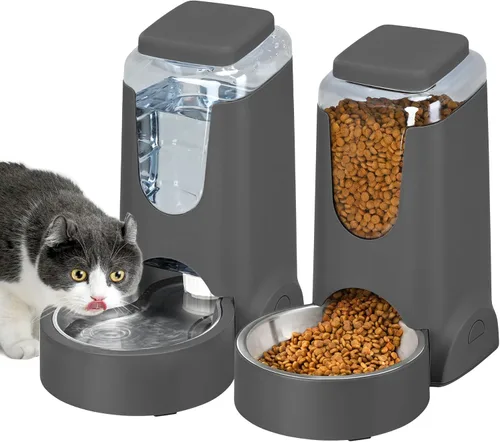 Miniatura 9 de Paquete de 2 alimentadores automáticos para gatos y dispensador de agua de acero inoxidable, juego de bebedero para perros por gravedad, juego