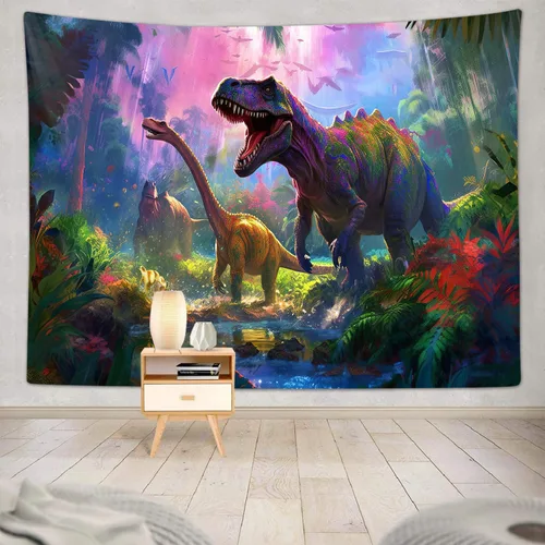 Miniatura 3 de Tapiz decorativo de dinosaurio para dormitorio de niños, genial animal antiguo T-Rex Forest Art Tapices para colgar en la pared, póster