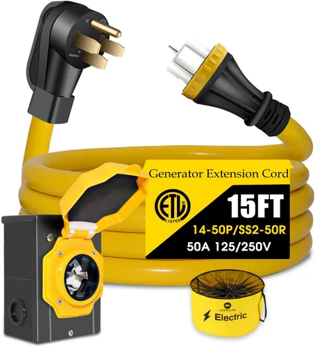 Cable generador de 50 amperios con caja de entrada de alimentación preperforada, cable de extensión de generador de alta resistencia real STW