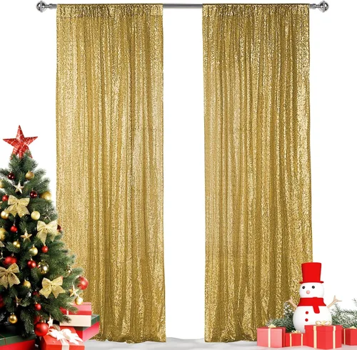 Hahuho Cortina de Fondo de Lentejuelas Doradas, 2PCS 2FTx8FT Cortina de Fondo con Brillantina para Fiestas, Navidad, Bodas, Decoración de Fiestas (2