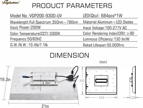 Miniatura 2 de VGP2000 - Luz LED de crecimiento con diodos UV IR real, 200 vatios, 3 x 3, 4 x 4 pies, cobertura solar de espectro completo, lámpara de cultivo LED