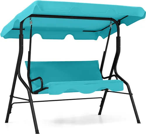 Miniatura 14 de RELAX4LIFE Silla columpio para porche para 3 personas, columpio para exteriores con toldo ajustable, cojín extraíble y soporte de marco de metal