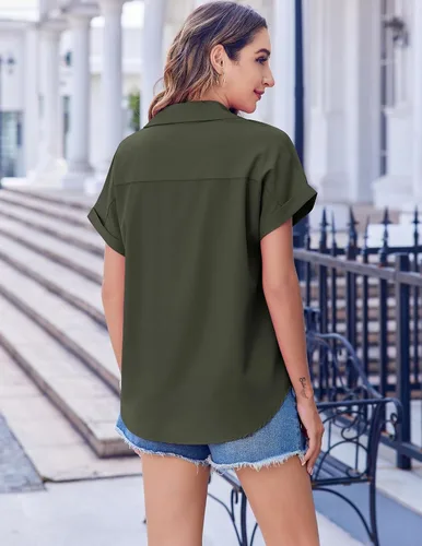 Miniatura 5 de Zeagoo Blusas de verano de manga corta para mujer, camisas casuales con botones, blusas de trabajo de negocios sólidas/a rayas