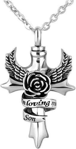 in Loving Memory - Collar de urna de cremación con cruz para cenizas, alas de ángel, recuerdo conmemorativo, medallón