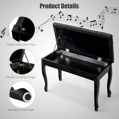 Miniatura 5 de HAPPYGRILL Banco de piano con cojín acolchado de piel sintética, cómodo taburete de asiento doble con almacenamiento y pata de madera maciza