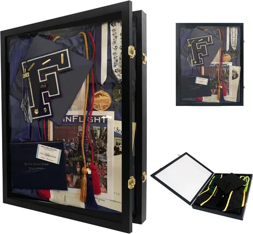 GraduationMall Caja de exhibición de sombra para graduación de 17"x21" con marco de madera para birrete, toga, diploma, estola y cuerdas, con
