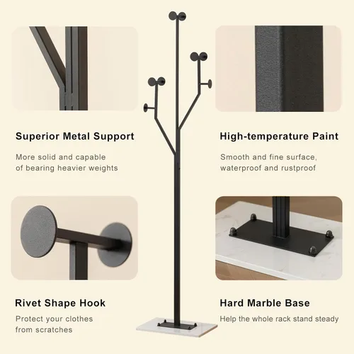 Miniatura 3 de JIAYUEJU Perchero de Pie Resistente de Metal en Forma de Árbol Independiente con Base de Mármol Sólida, Perchero de Esquina para Dormitorio, Negro