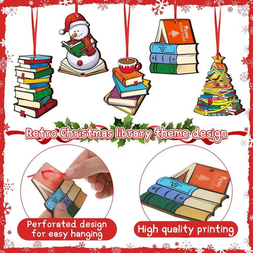 Miniatura 2 de Juego de 24 adornos colgantes para libros de Navidad, árbol de Navidad de madera, muñeco de nieve, campana, estantería de alce, adorno de lectura