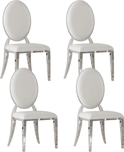 Miniatura 42 de Juego de 2 sillas con 2 sillas de comedor de piel sintética blanca, silla de cocina moderna con respaldo ovalado y patas de acero inoxidable