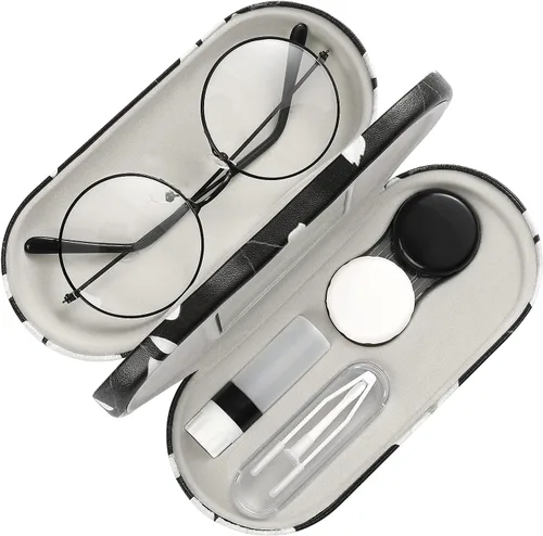 Miniatura 8 de MoKo Estuche Doble para Gafas, Estuche para Lentes de Contacto con Pinzas Removedoras con Espejo, 2 en 1 de Doble Cara Portátil, Caja Soporte Azul