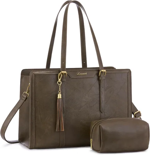 Miniatura 20 de LOVEVOOK Bolsa de mano para laptop para mujer, bolsa de trabajo vintage de 15.6 pulgadas con embrague, bolso grande de cuero para laptop con soporte