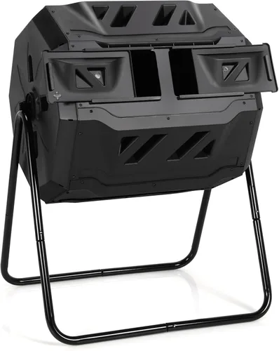 Miniatura 10 de Goplus Contenedor de compostaje, vaso de compostaje de doble cámara de 34.5 galones con 2 cámaras giratorias, puertas corredizas, compostador