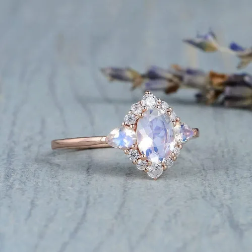 Miniatura 3 de Anillo de compromiso chapado en oro rosa de 18 quilates con piedra lunar y arcoíris, para mujer, anillo de compromiso con diamantes de imitación