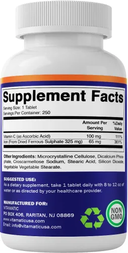 Miniatura 9 de Vitamatic Sulfato ferroso 325 mg con vitamina C 100 mg (65 mg de hierro elemental) – Suplemento de hierro de alta potencia – Sin