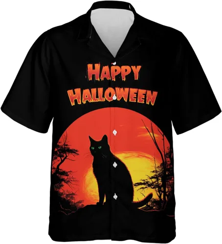 Miniatura 13 de Camisa hawaiana de gato negro para hombre, camisa de noche de Halloween, camisa de manga corta con botones (MP_HW_66)