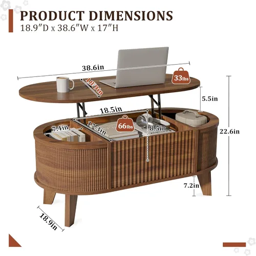 Miniatura 2 de LYNCOHOME Mesa de Centro con Tapa Elevable Acanalada con Almacenamiento, Mesa de Centro Ovalada Moderna para Sala de Estar u Oficina en Casa (Nogal)