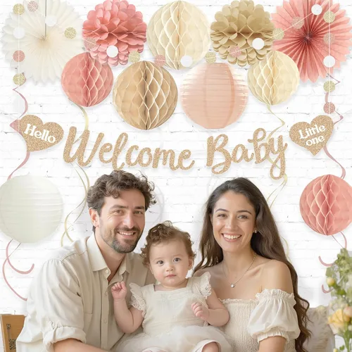 Miniatura 5 de Decoraciones de baby shower boho para niña, pancarta de bienvenida con bolas de nido de abeja pre-hiladas, flores de papel, linternas, abanicos