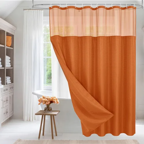 Miniatura 27 de MitoVilla Cortina de ducha pequeña beige de 36 x 72 pulgadas, juego de cortina de ducha de tela de punto gofre de tamaño medio estrecho con forro