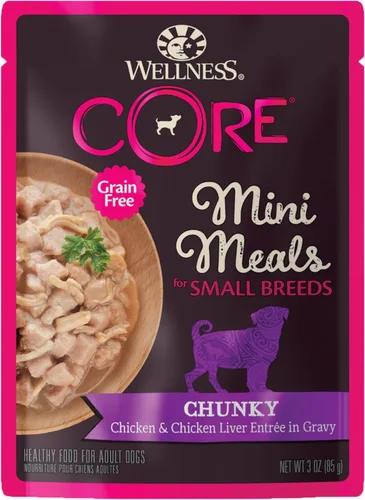 Miniatura 11 de Wellness CORE - Mini comidas naturales para razas pequeñas, sin granos, comida húmeda para perros, pollo rallado y pavo en salsa, bolsa de 3 onzas